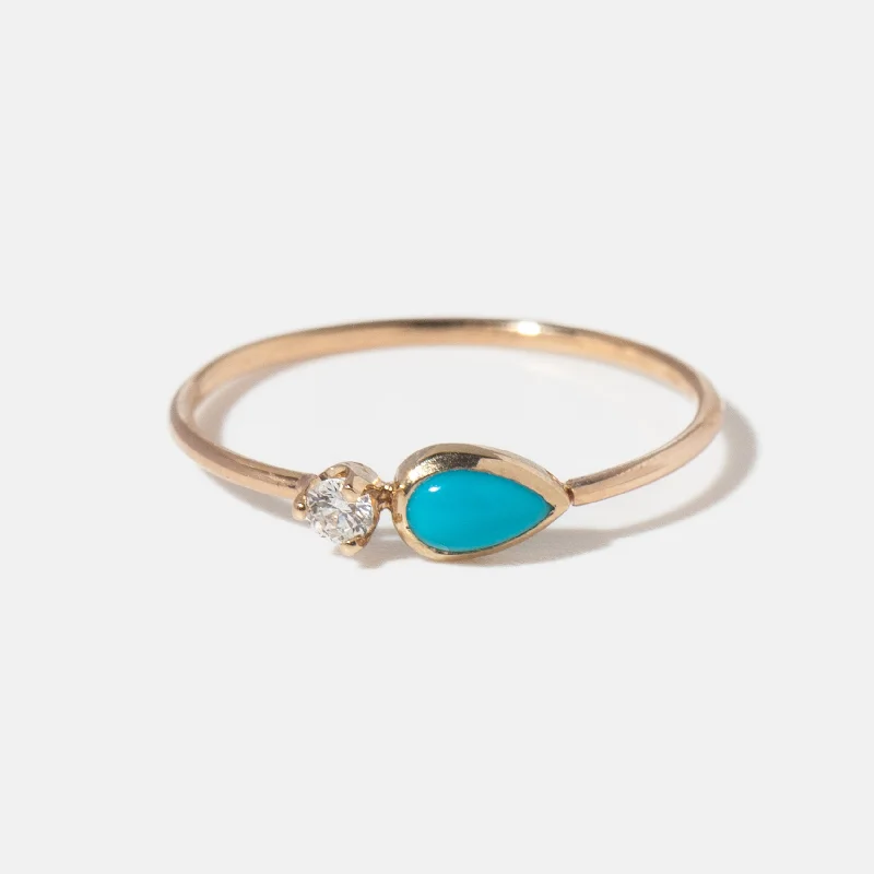 Bezel Teardrop Turquoise and Prong Diamond Ring