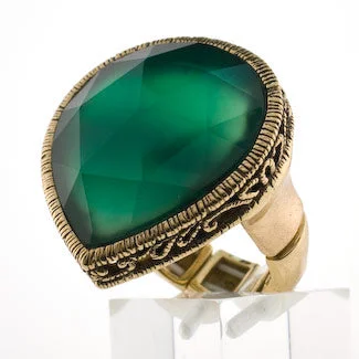 Large Green Onyx Bronze Teardrop Ring