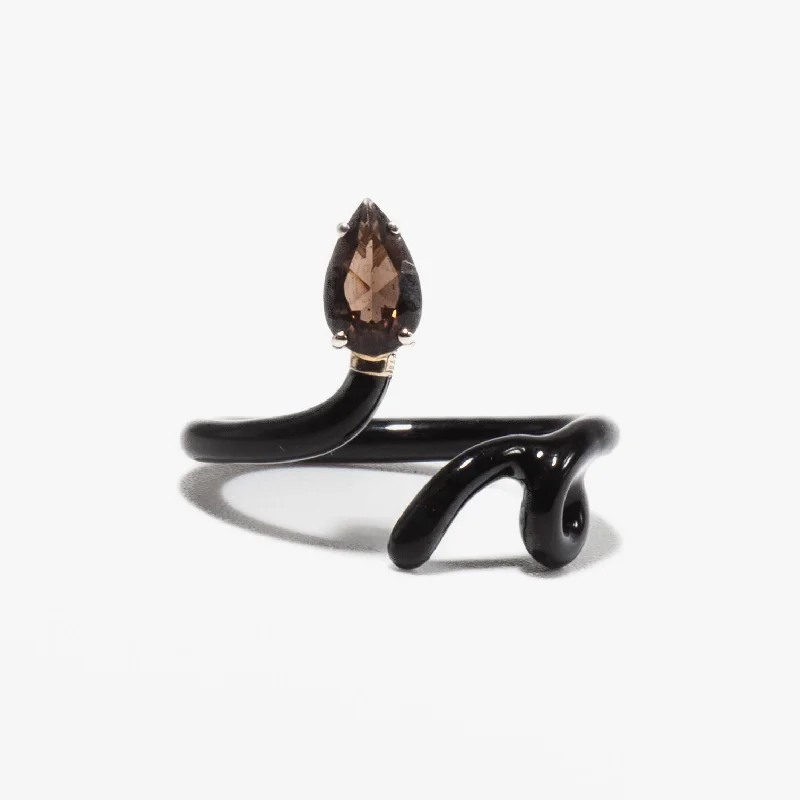 Smokey Quartz Pear & Black Enamel Baby Vine Tendril Ring