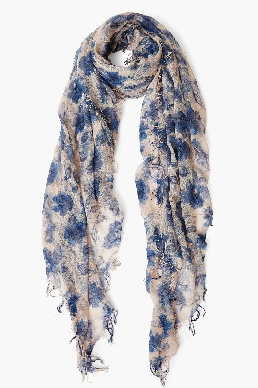 Cashmere and Silk Scarf Indigo Blue French Floral