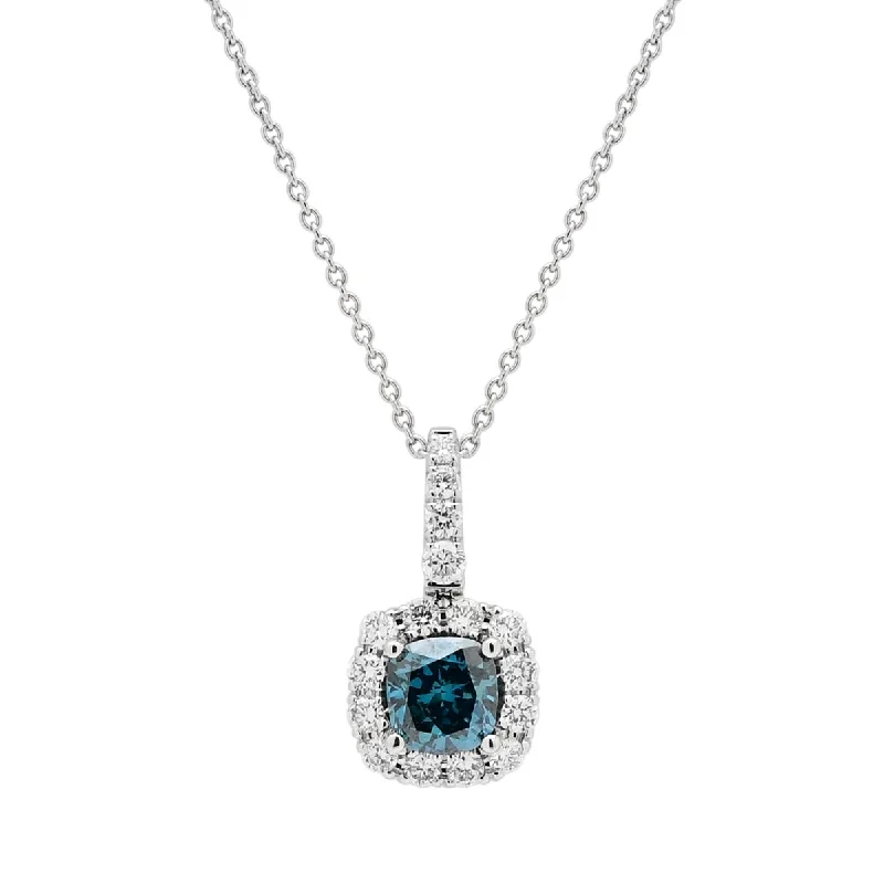 Cushion Cut Blue and White Diamond Halo Necklace in 14kt White  Gold (3/4ct tw)