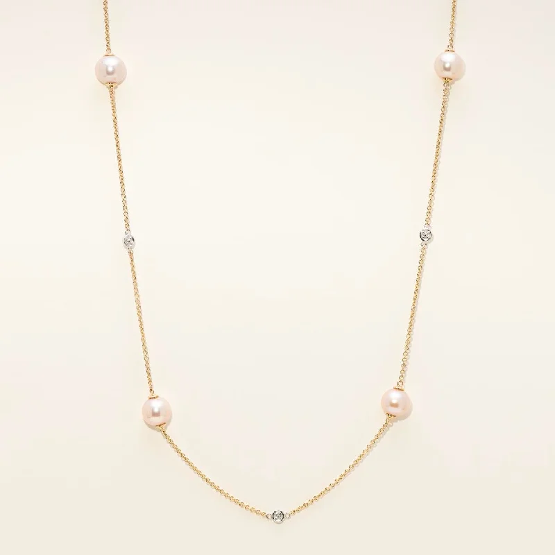 Dabakarov Cultured Freshwater Pearl Station Necklace in 14kt Yellow and White Gold (9mm pearls and 1/20ct tw)