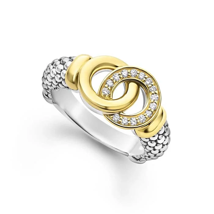 Lagos .11CTW Interlocking Diamond Ring in 18K Yellow Gold and Sterling Silver, Size 6