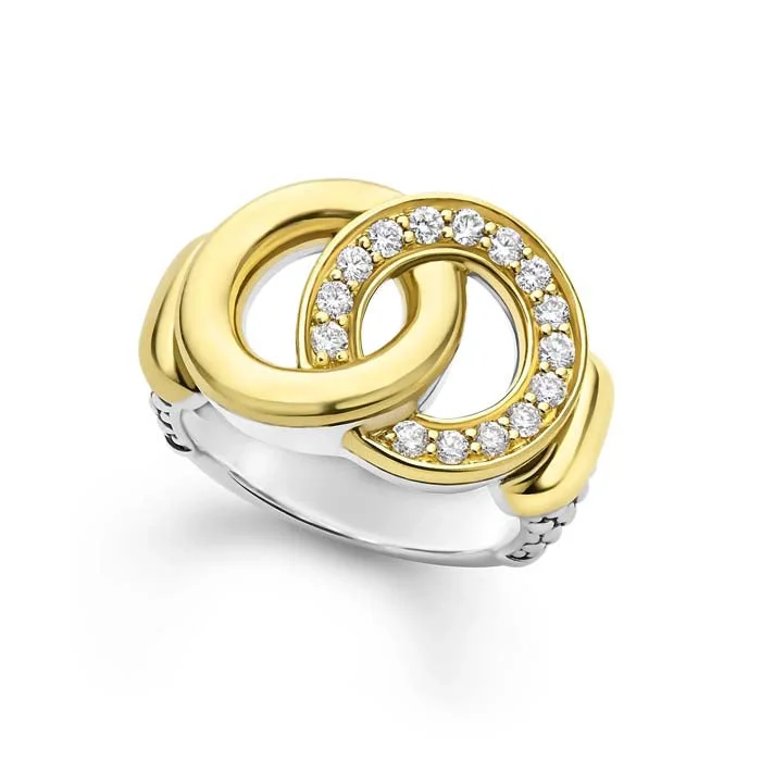 LAGOS Signature Caviar Two Tone Interlocking Diamond Ring in Sterling Silver and 18K Yellow Gold, Size 6