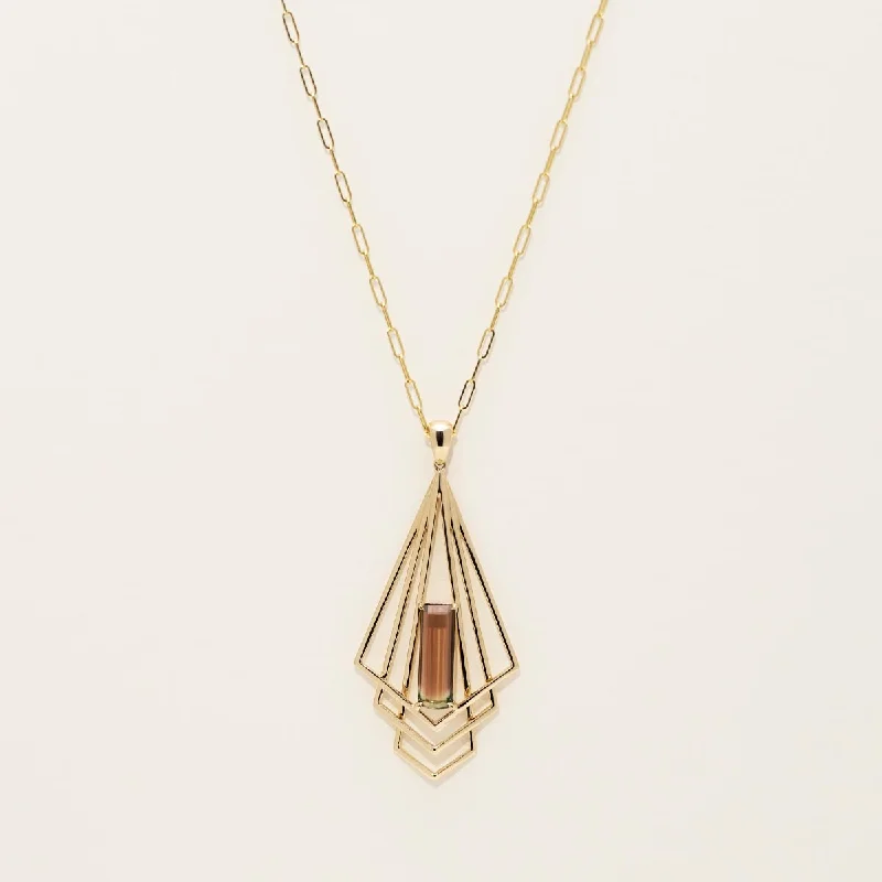 Maine Bicolor Tourmaline Art Deco Necklace in 14kt Yellow Gold