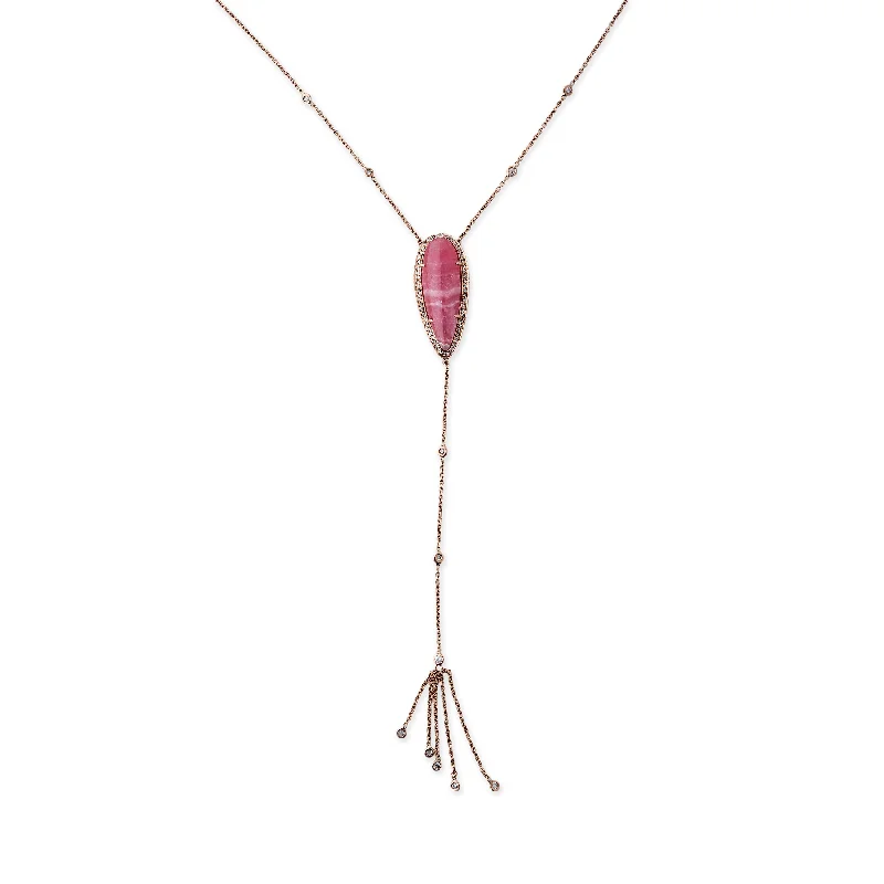 RHODOCHROSITE TEARDROP DIAMOND TASSEL Y NECKLACE