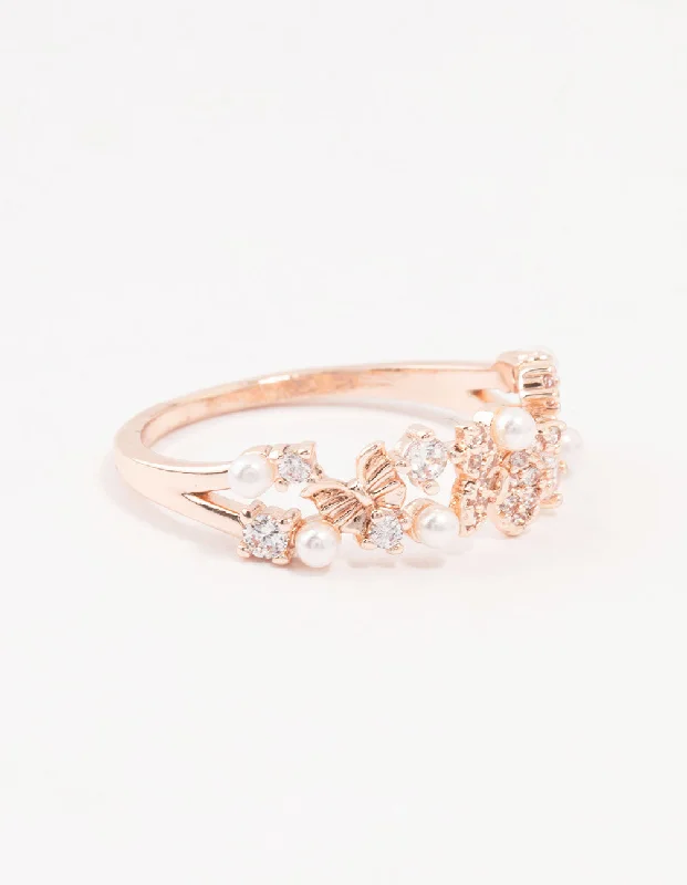 Rose Plated Gold Butterfly Pearl Band Ring