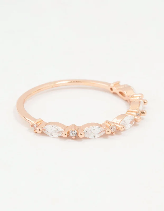 Rose Gold Plated Sterling Silver Alternating Marquise Round Cubic Zirconia Ring