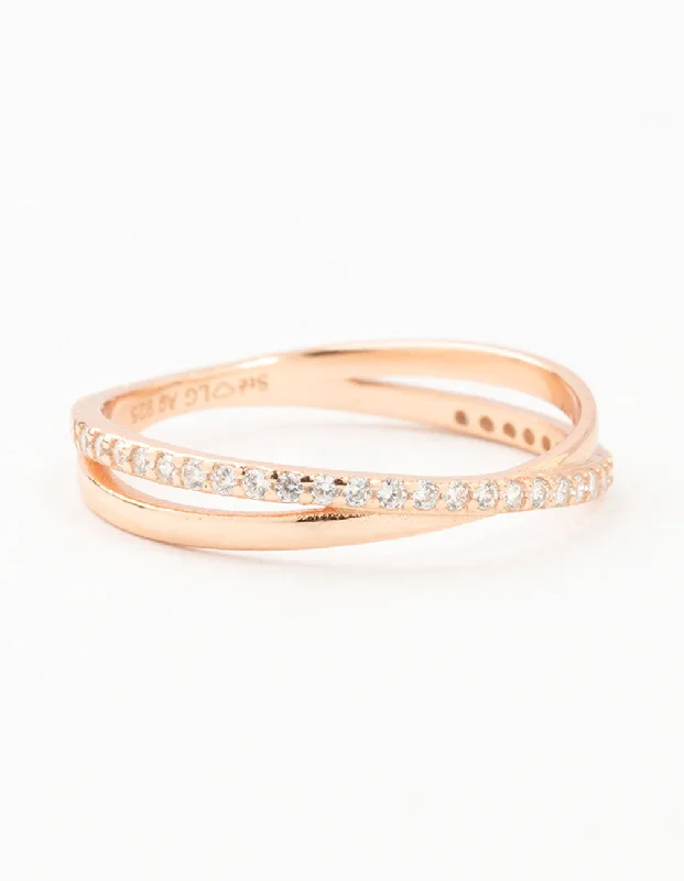 Rose Gold Plated Sterling Silver Cubic Zirconia Crossover Ring