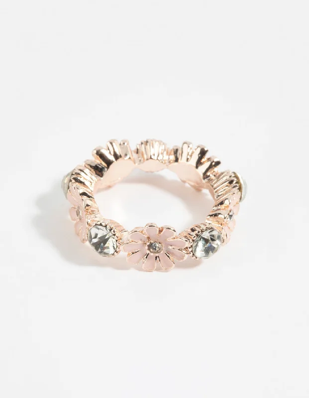 Rose Gold Flower & Diamante Ring