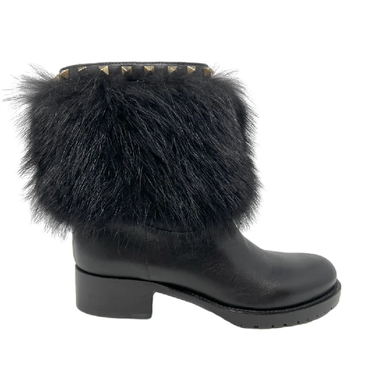 Valentino Rockstud Fur Trim Boots