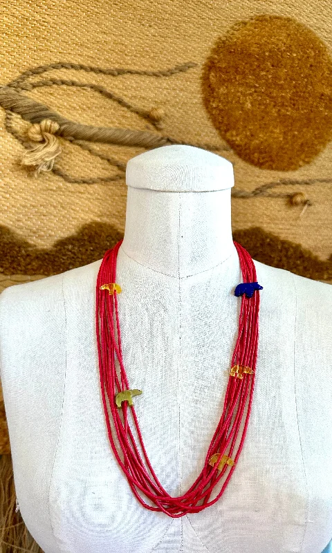 8 Strand Red Coral Fetish Bear Beaded Necklace • 30g