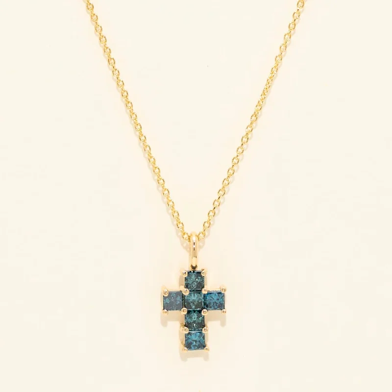 Blue Diamond Cross Necklace in 14kt Yellow Gold (3/8ct tw)