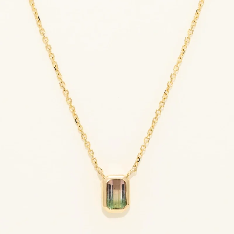 Parlé Emerald Cut Bicolor Tourmaline Bezel Necklace in 14kt Yellow Gold