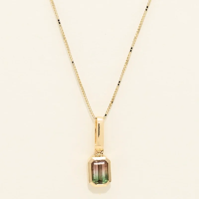 Parlé Emerald Cut Bicolor Tourmaline Bezel Necklace in 14kt Yellow Gold