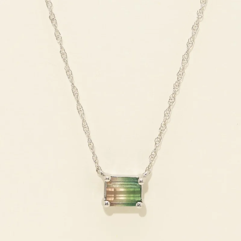 Emerald Cut Bicolor Tourmaline Necklace in 14kt White Gold