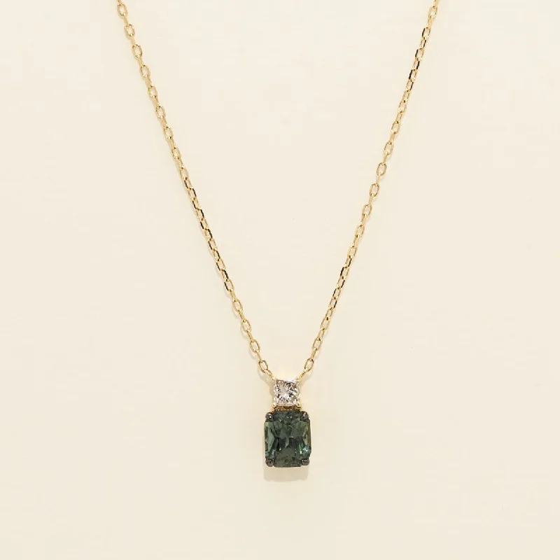 Emerald Cut Teal Sapphire Necklace in 14kt Yellow Gold with Diamonds (1/5ct tw)