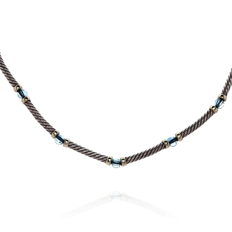 Estate David Yurman Two-Tone 15.5" Alternating Cable Bar Blue Topaz Station Necklace