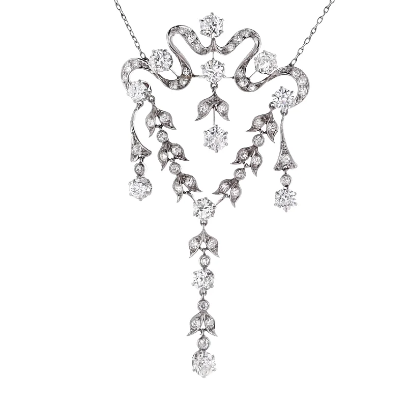 Estate Platinum Freeform Ribbon/Flower Design Diamond Necklace