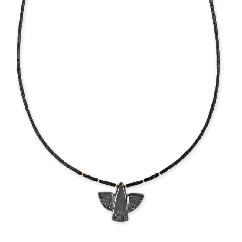 HEMATITE THUNDERBIRD + GOLD AND ONYX BEADED TOGGLE NECKLACE