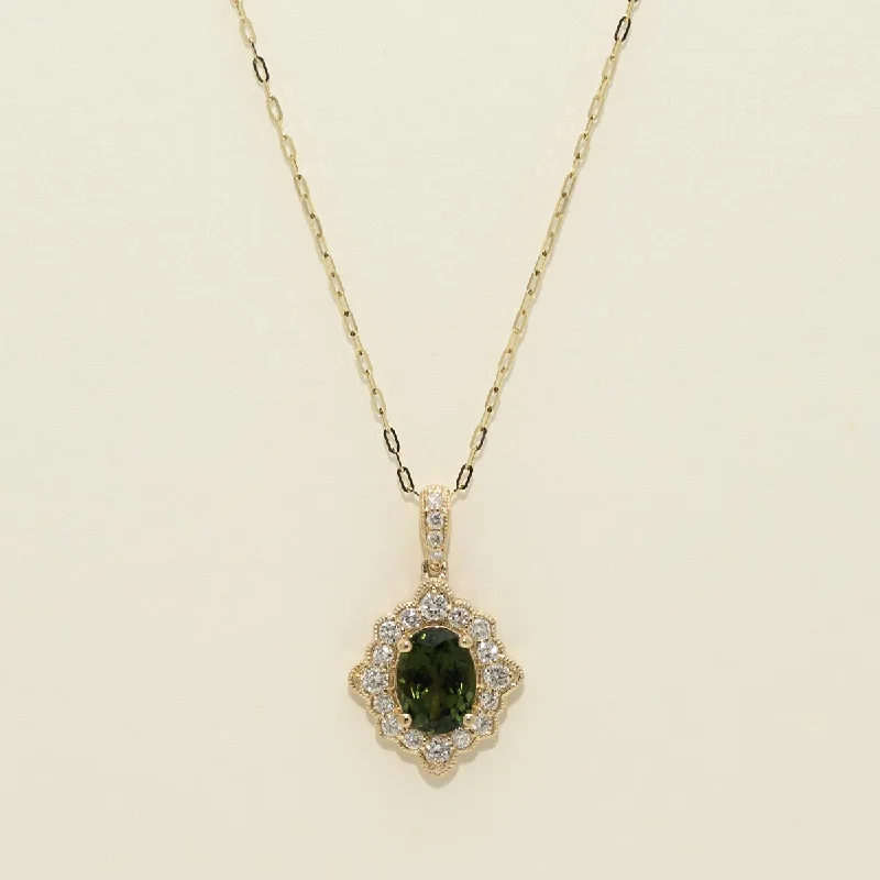 Maine Green Tourmaline Necklace in 14kt Yellow Gold with Diamonds ( 3/8ct tw)