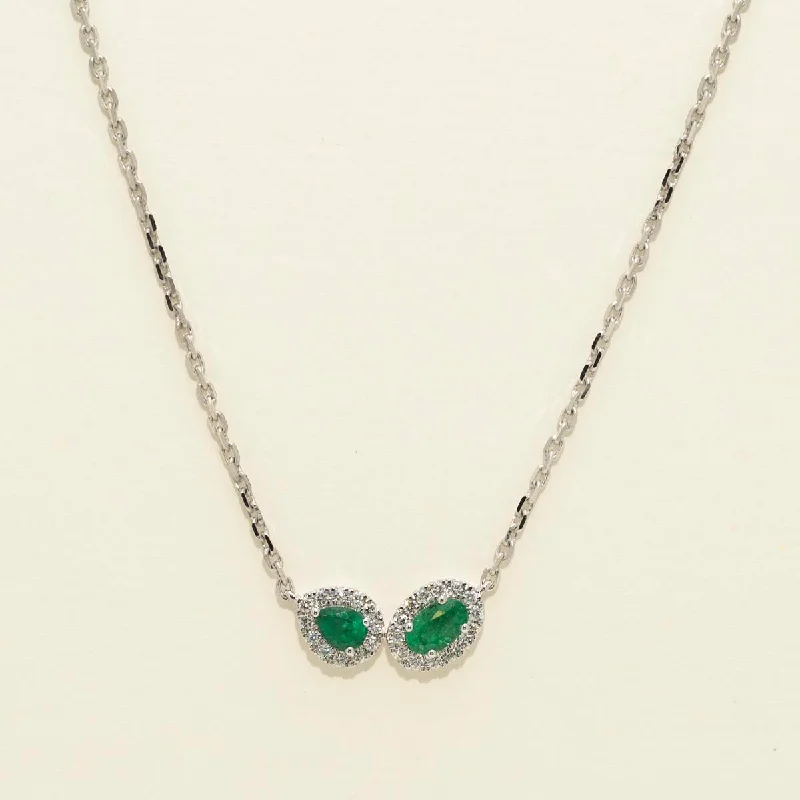 Oval and Pear Shape Emerald Necklace in 14kt White Gold with Diamonds (1/7ct tw)